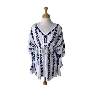 LA BLANCA Blue & White Embroidered Kaftan Swim Cover-up tunic V Neck Size XS